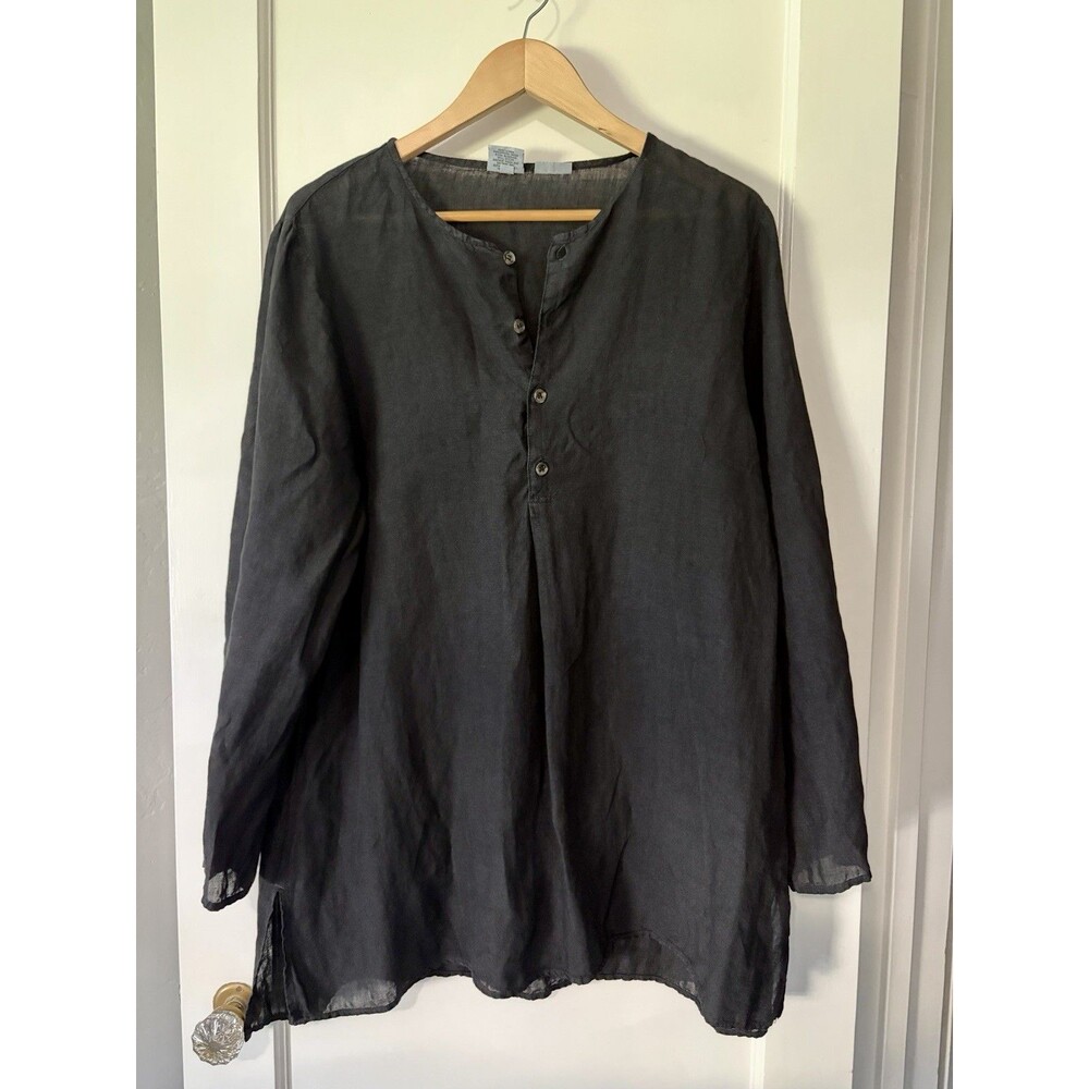 CP Shades Pure Irish Linen Tunic Top Medium Black Long Sleeve Henley Relaxed Fit